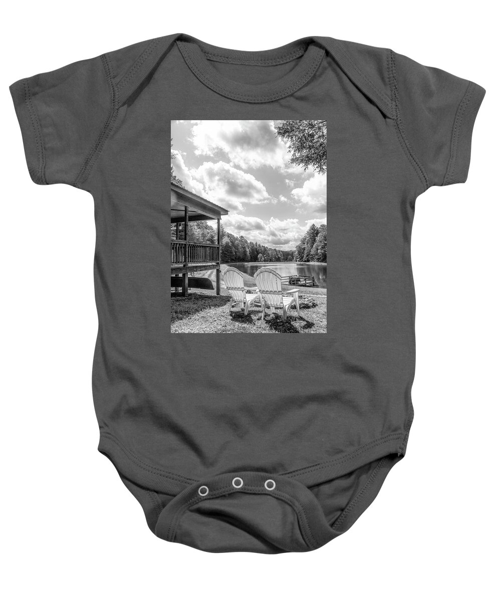 Black Baby Onesie featuring the photograph Sitting in Sunshine at the Lake Black and White by Debra and Dave Vanderlaan