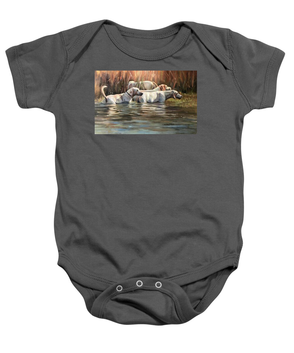 Hounds Dogs Painting Portrait Foxhounds Water Contemporary Baby Onesie featuring the painting Skinny Dipping by Susan Bradbury