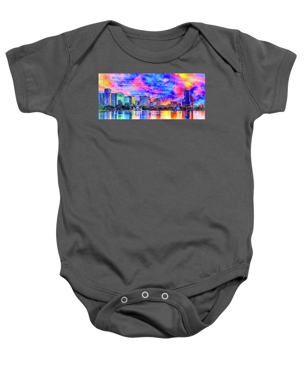 Downtown Orlando Baby Onesie featuring the digital art Skyline of downtown Orlando, Florida, seen at sunset from lake Eola - ink and watercolor by Nicko Prints