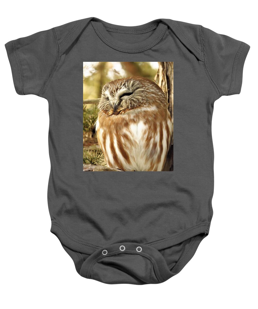 Owls Baby Onesie featuring the photograph Sleepy Saw Whet Owl by Lori Frisch