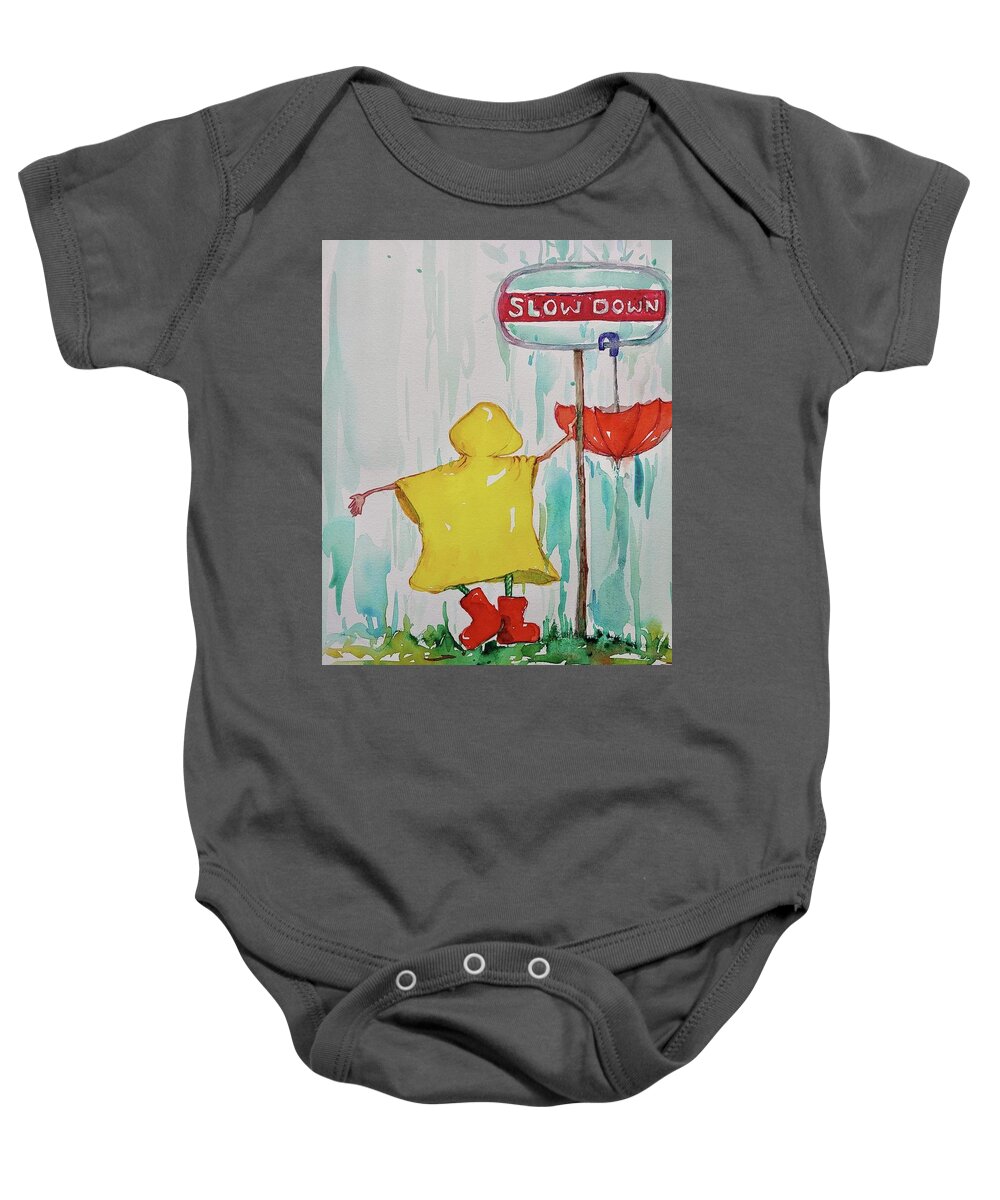 Rain Coat Baby Onesie featuring the painting Slow Down by Mikyong Rodgers