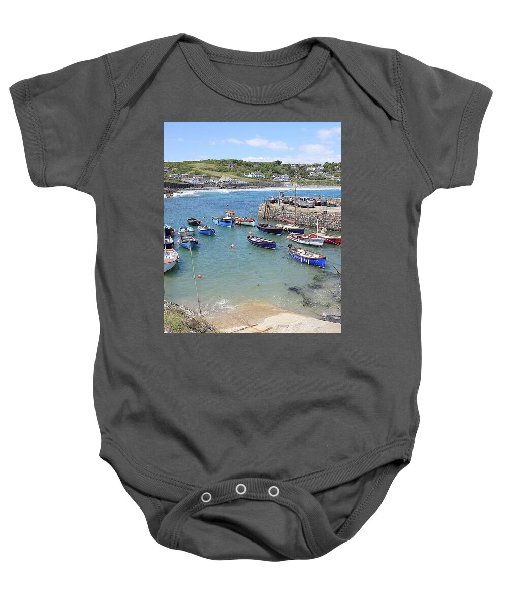 Coverack Baby Onesie featuring the photograph The small harbour Coverack, Cornwall. by Tony Mills