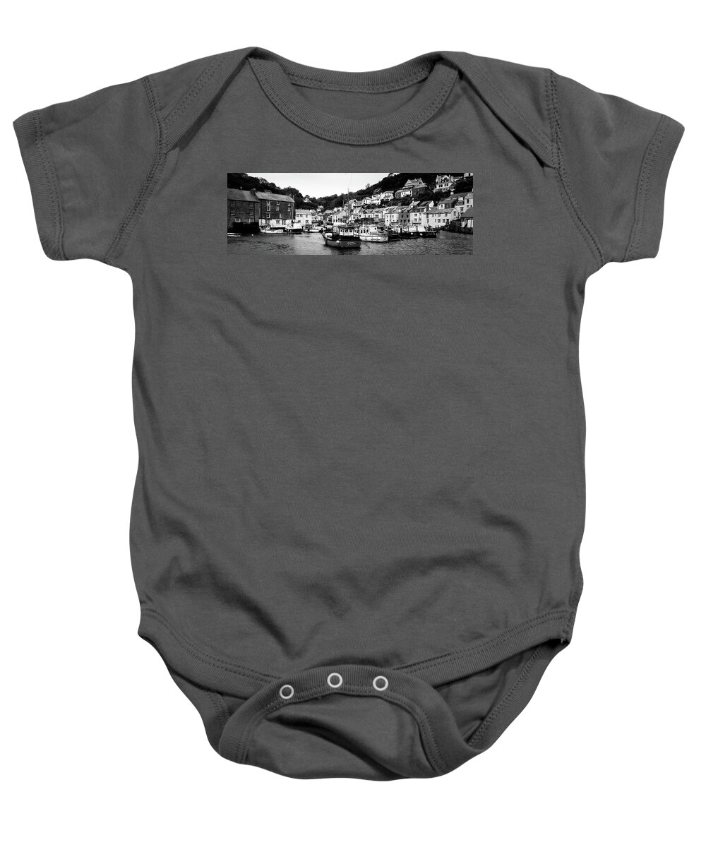 Coast Baby Onesie featuring the photograph Smugglers Cove Polperro Fishing Harbour Black and White by Sonny Ryse