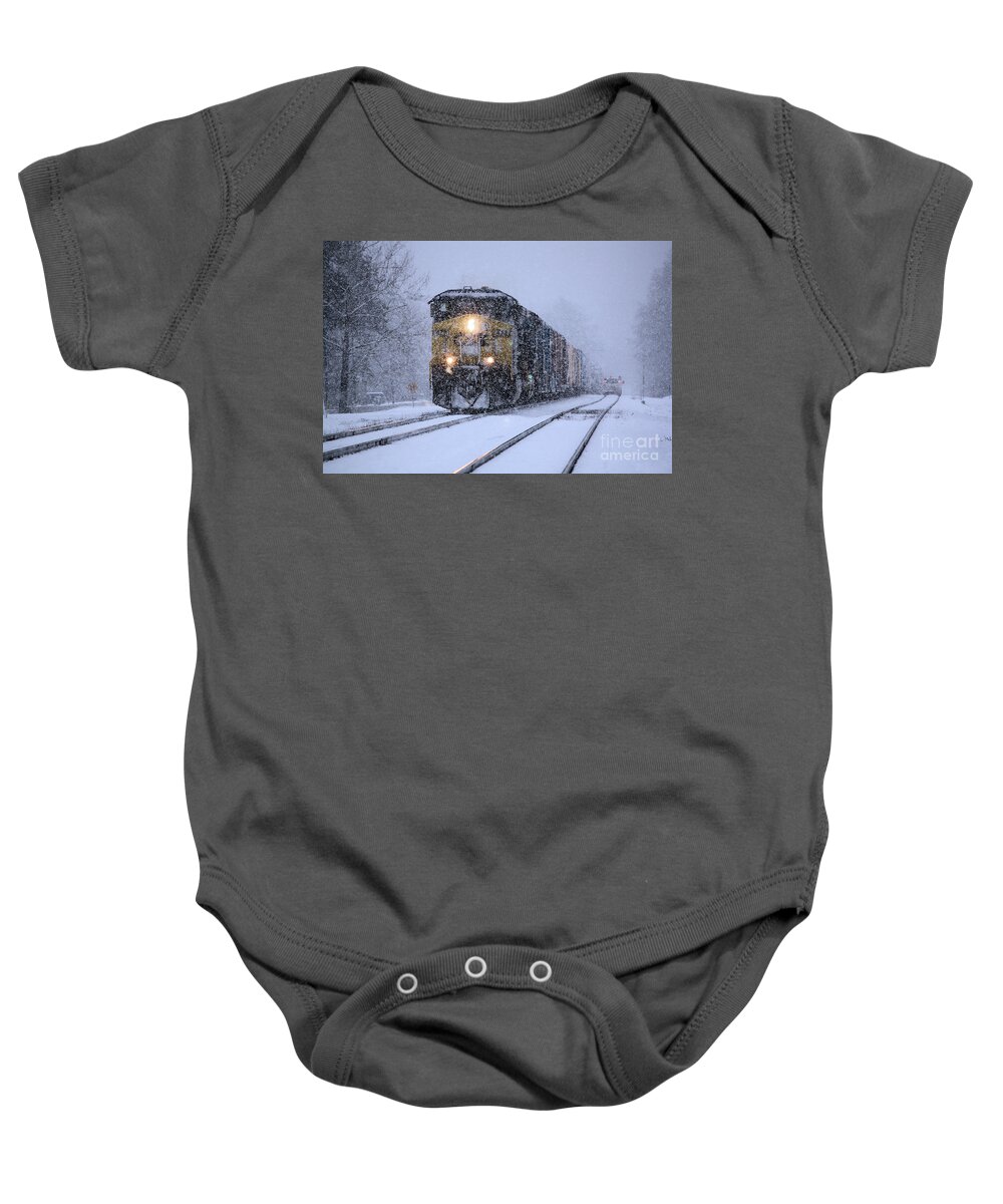 Snow And Trains Baby Onesie featuring the photograph Snow and Steel by Rick Lipscomb
