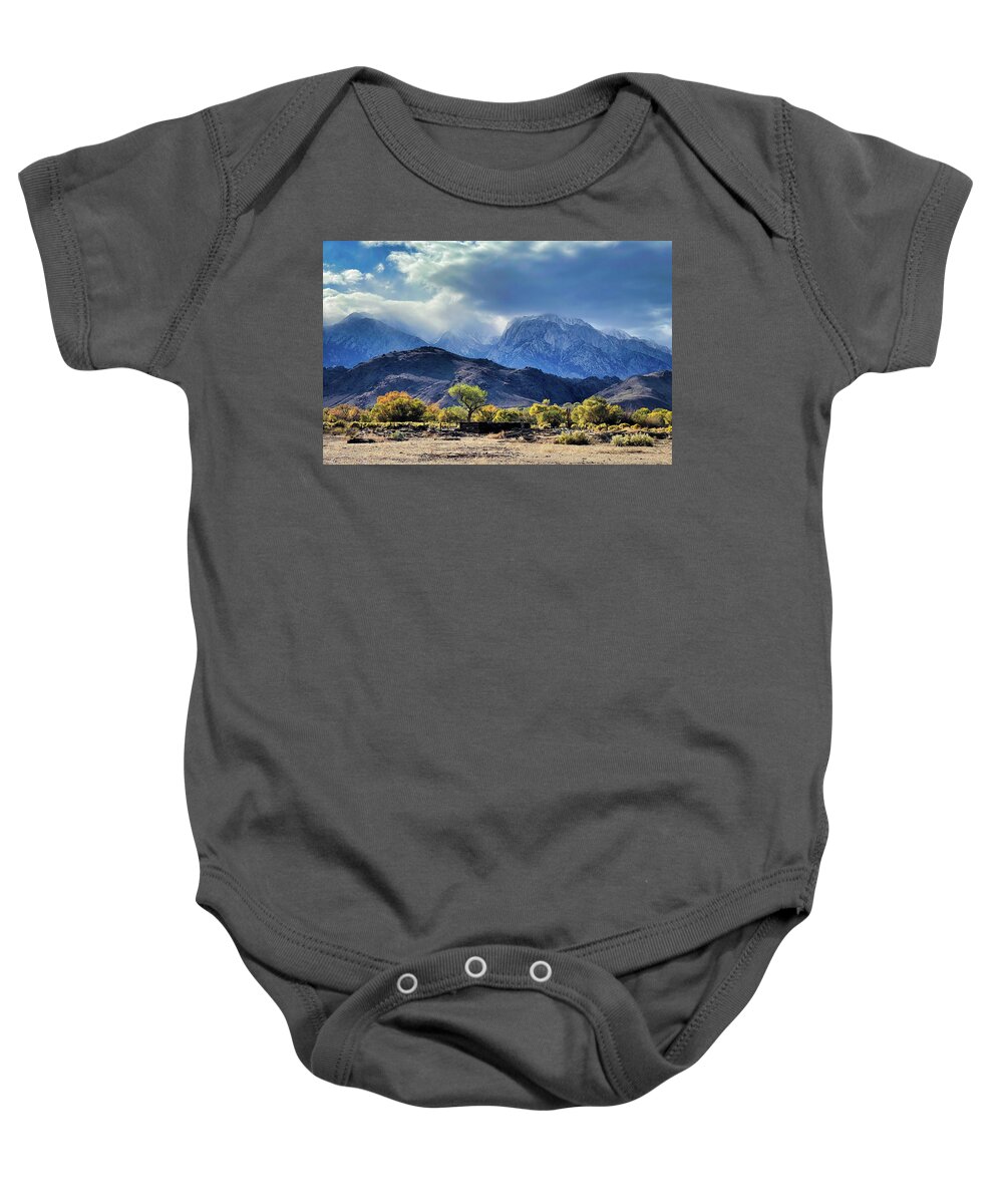 Ca Baby Onesie featuring the photograph Snow Falling on Sierra by Cheryl Strahl