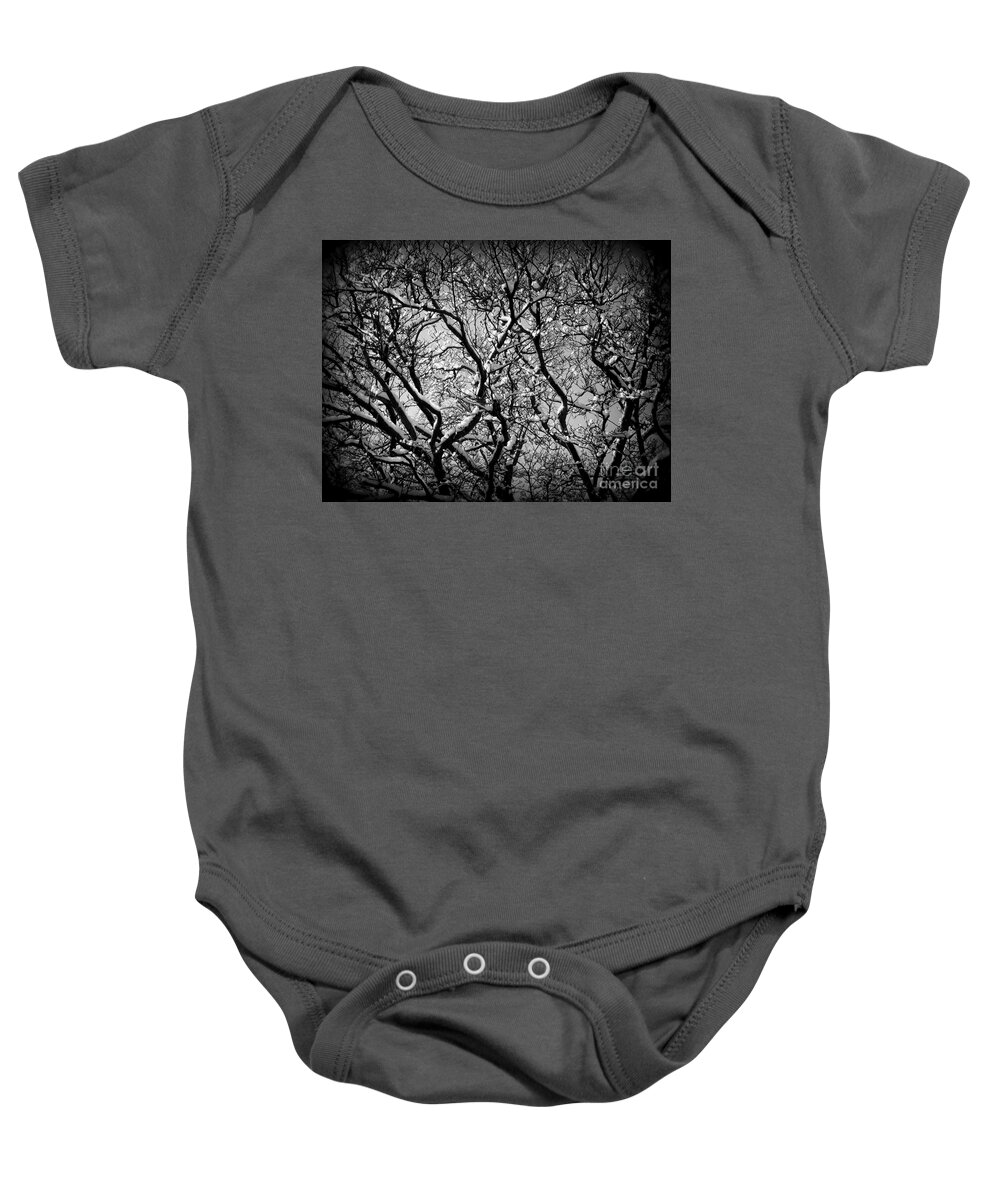 Landscape Photography Baby Onesie featuring the photograph Snowy Branches Interplay - Black and White by Frank J Casella