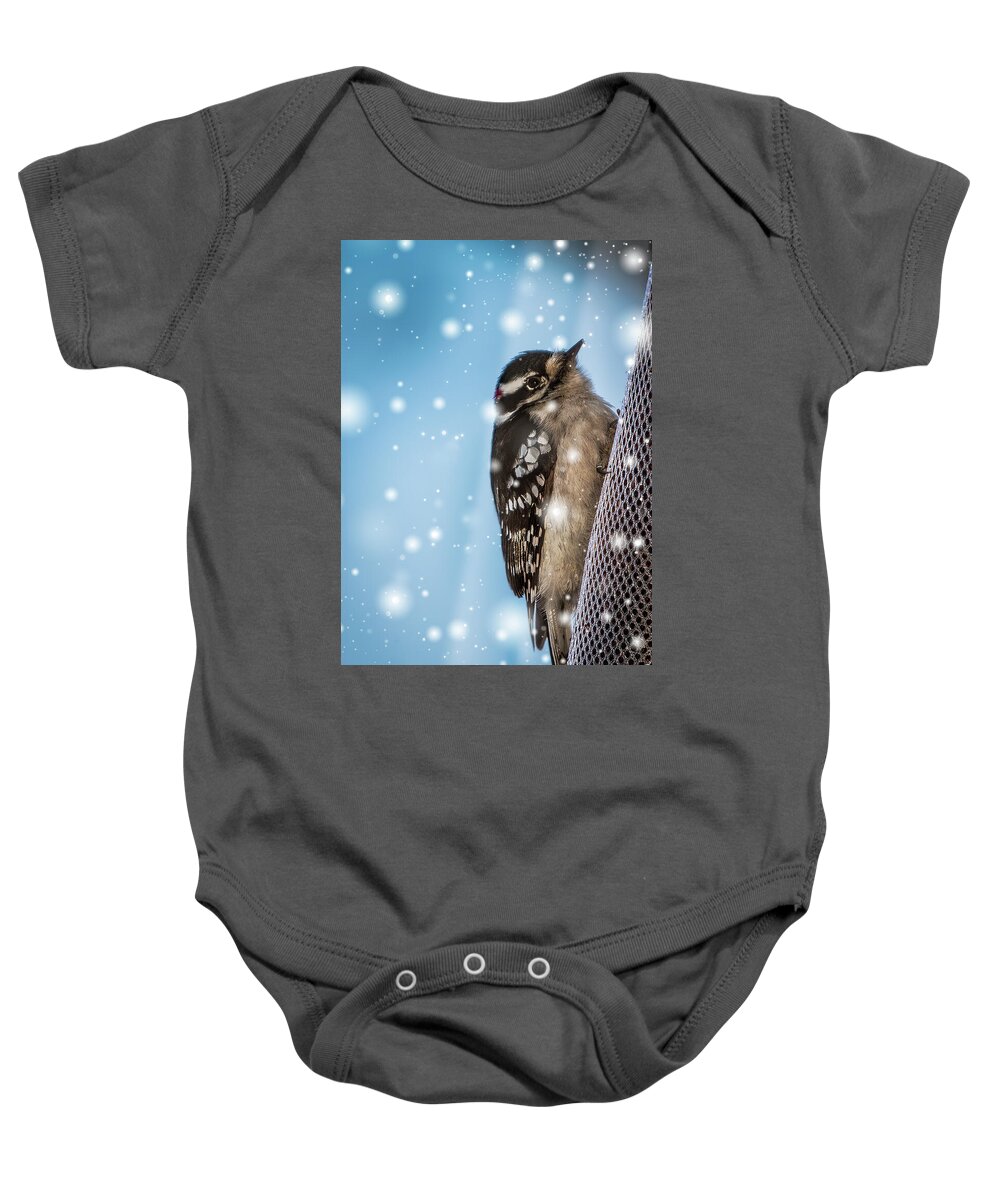 Woodpecker Baby Onesie featuring the photograph Snowy Downy Woodpecker by Patti Deters