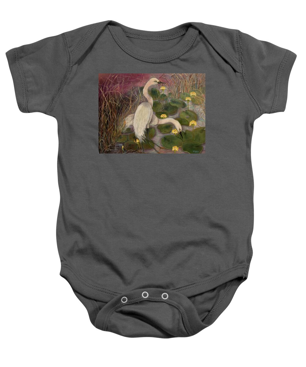 Tropical Baby Onesie featuring the painting Snowy Egrets by Barbara Landry