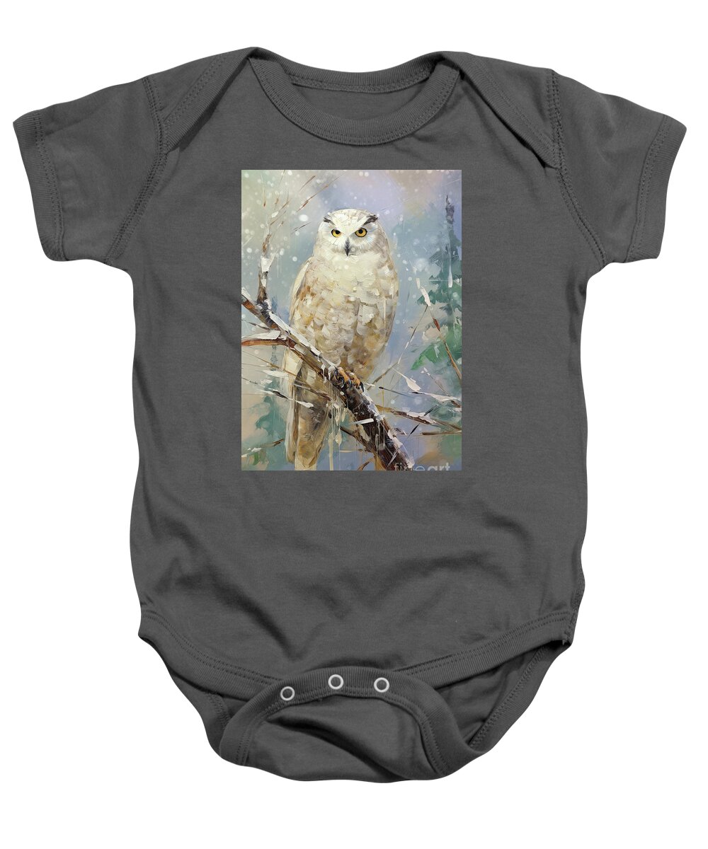 Snowy Owl Baby Onesie featuring the painting Snowy Owl in Winter by Tina LeCour