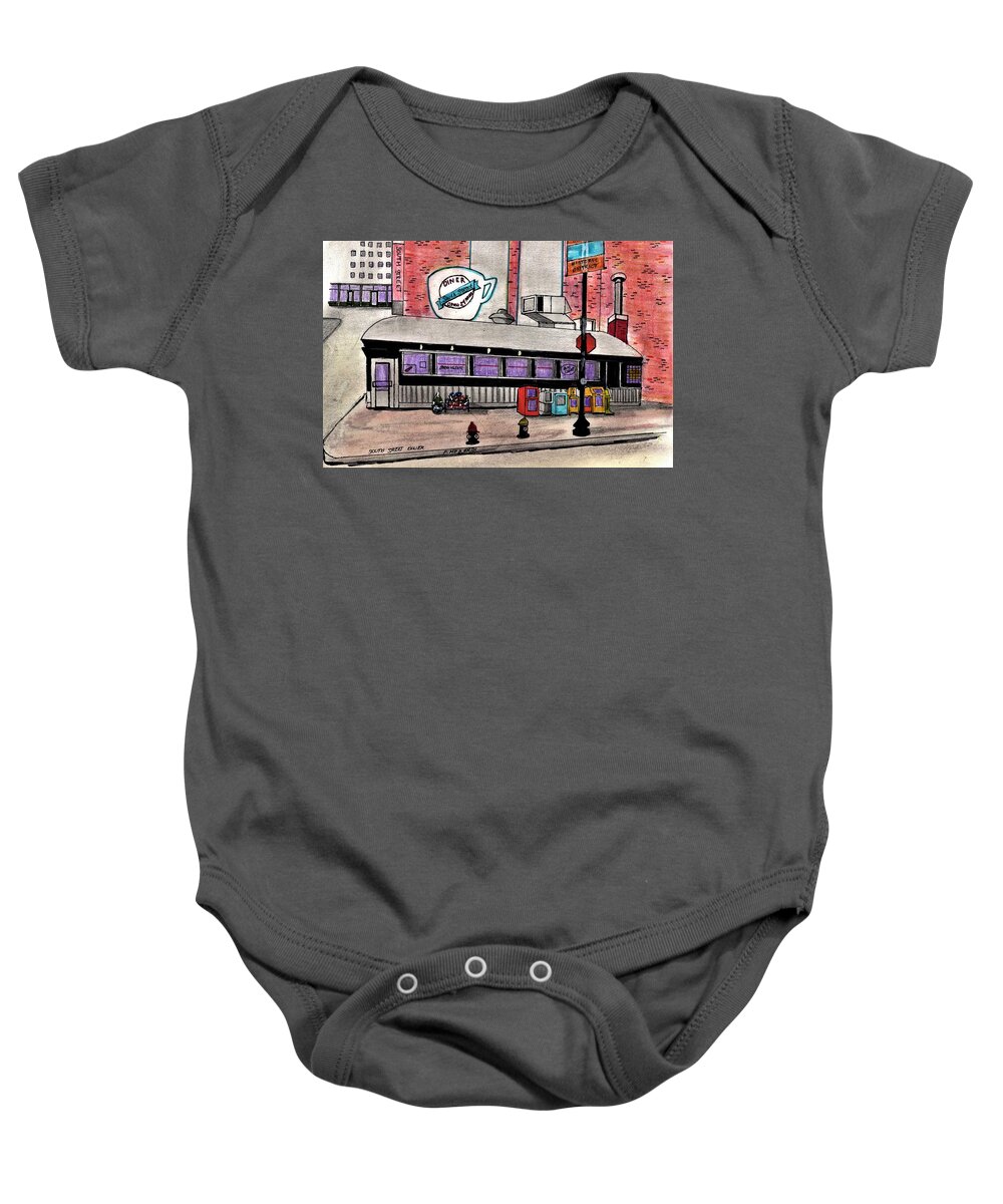 Paul Meinerth Baby Onesie featuring the drawing South Street Diner by Paul Meinerth