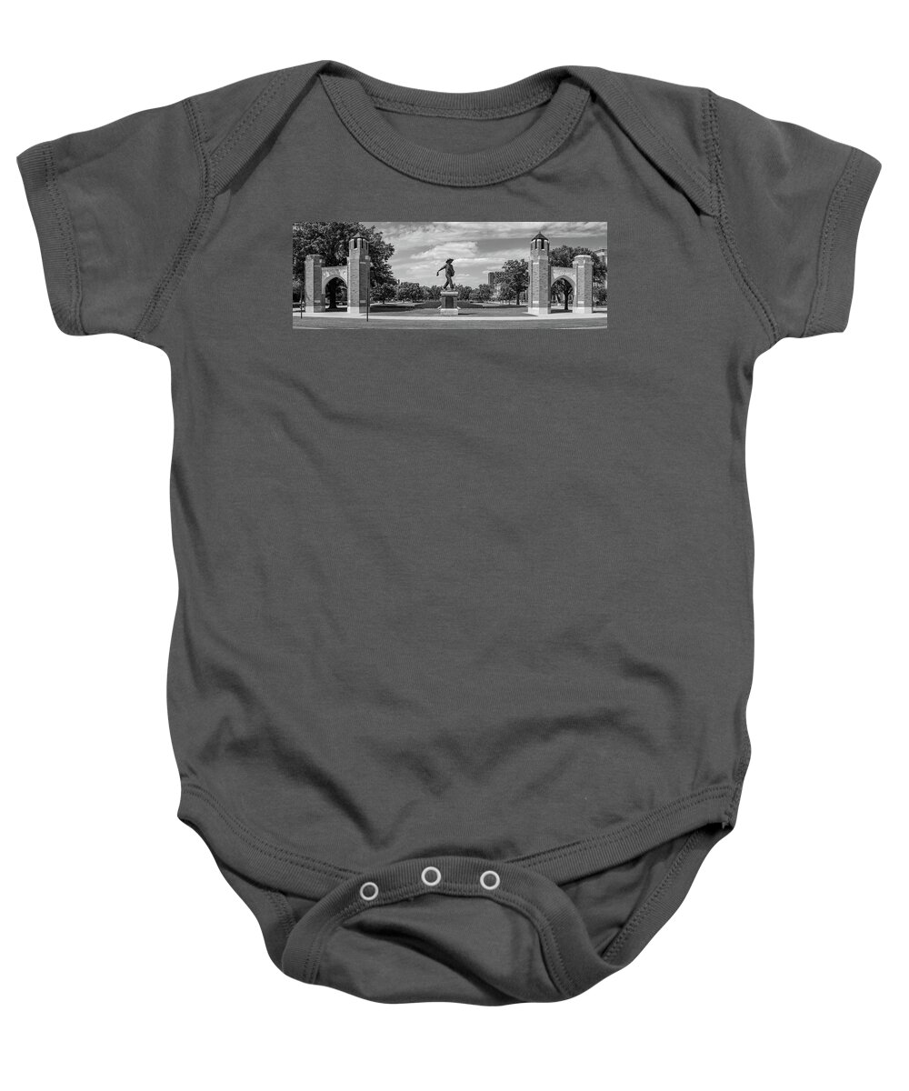 Sower Statue Baby Onesie featuring the photograph Sower Statue on the campus of the University of Oklahoma in panoramic black and white by Eldon McGraw