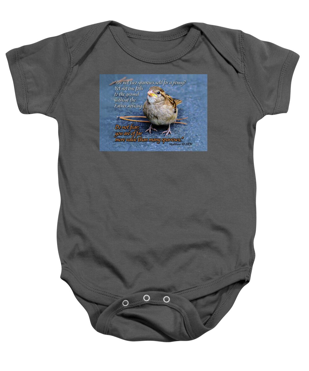  Baby Onesie featuring the mixed media Sparrow Scripture Matthew 10 by Brian Tada