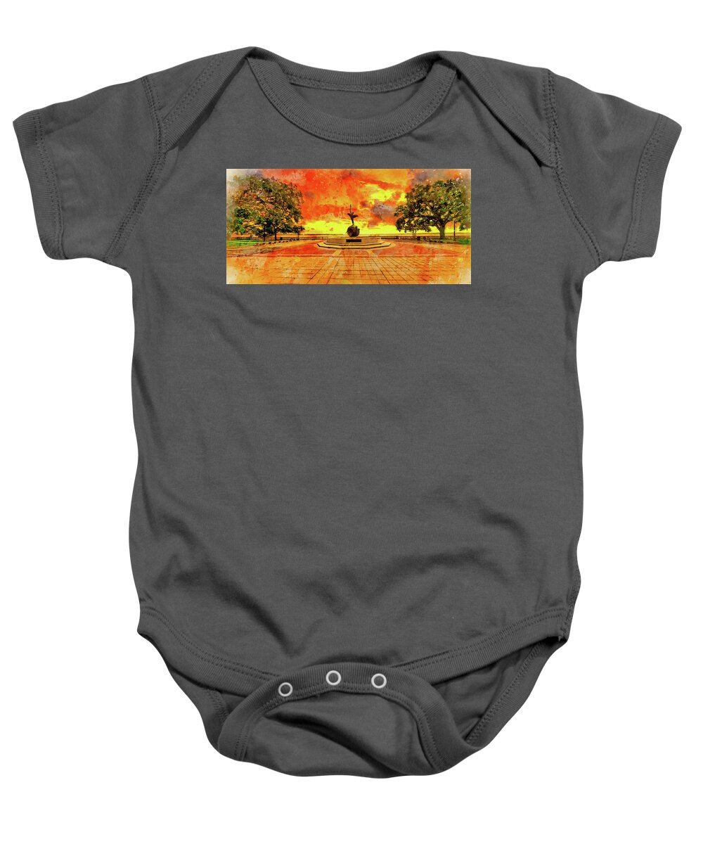 Spiritualized Life Sculpture Baby Onesie featuring the digital art Spiritualized Life sculpture in Memorial Park, Jacksonville, at sunset - digital painting by Nicko Prints