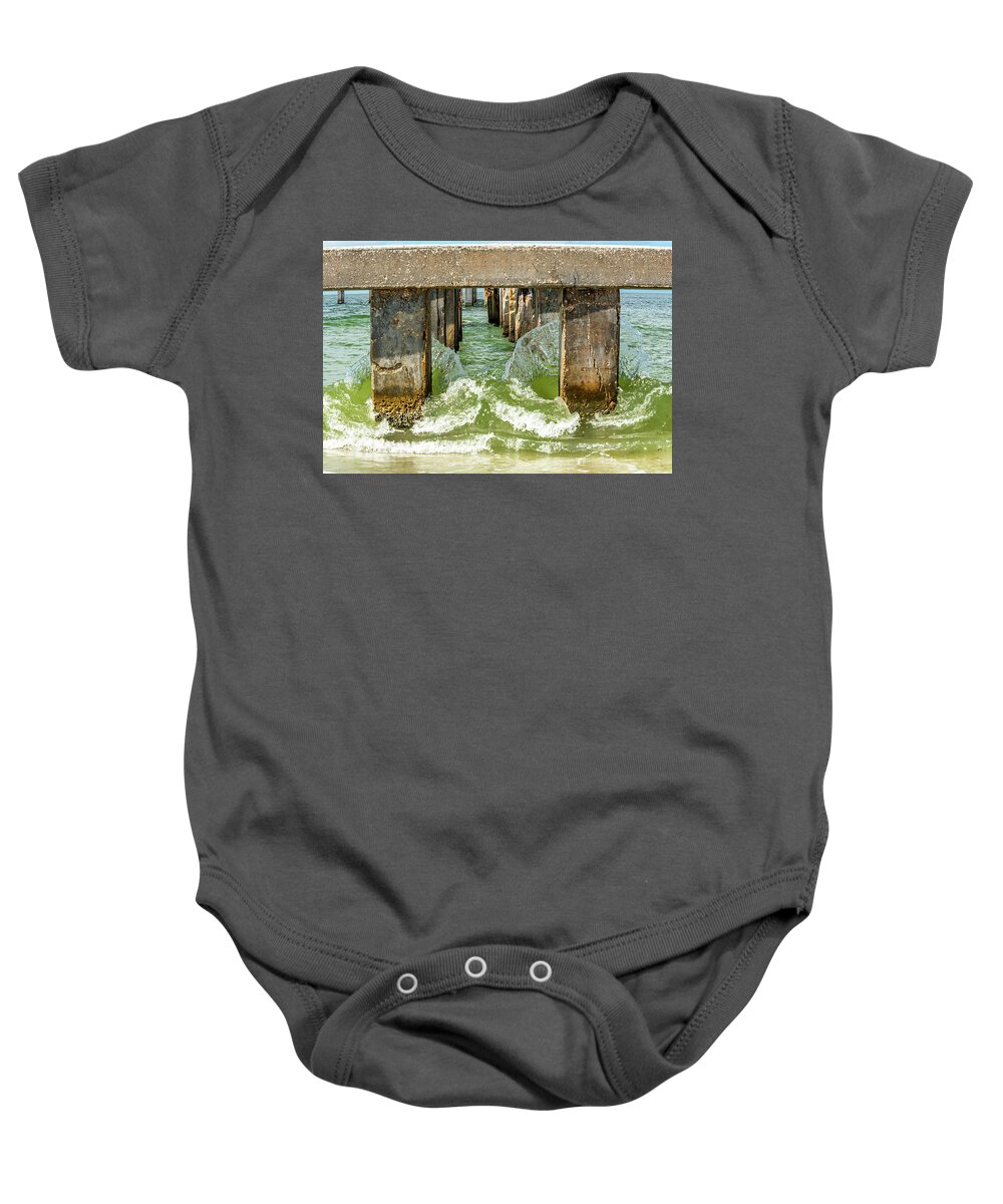 Old Pier Baby Onesie featuring the photograph Split the Wave by Pamela McDaniel