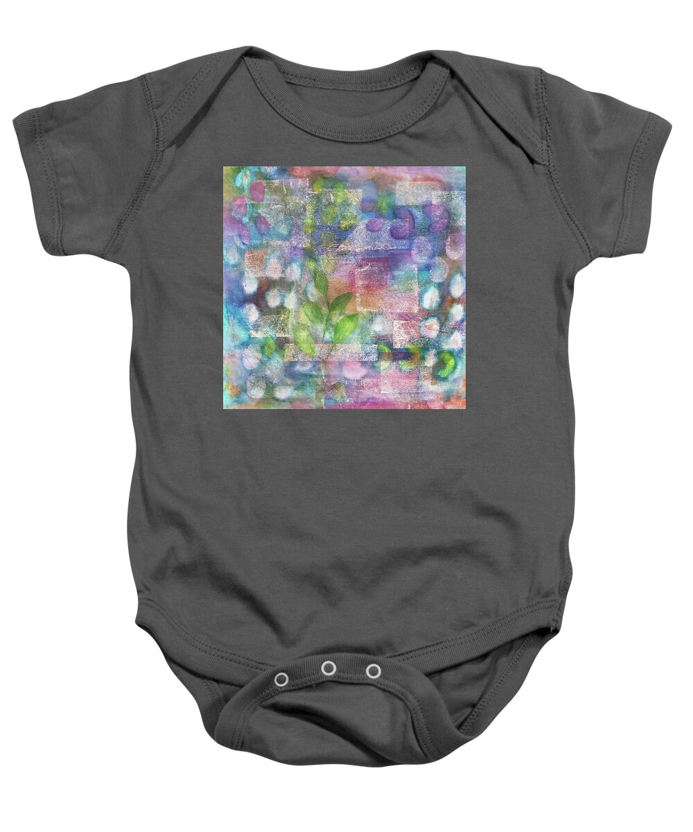 Flower Baby Onesie featuring the mixed media SPRING GARDEN Abstract Collage in Aqua Pink Purple Green by Lynnie Lang