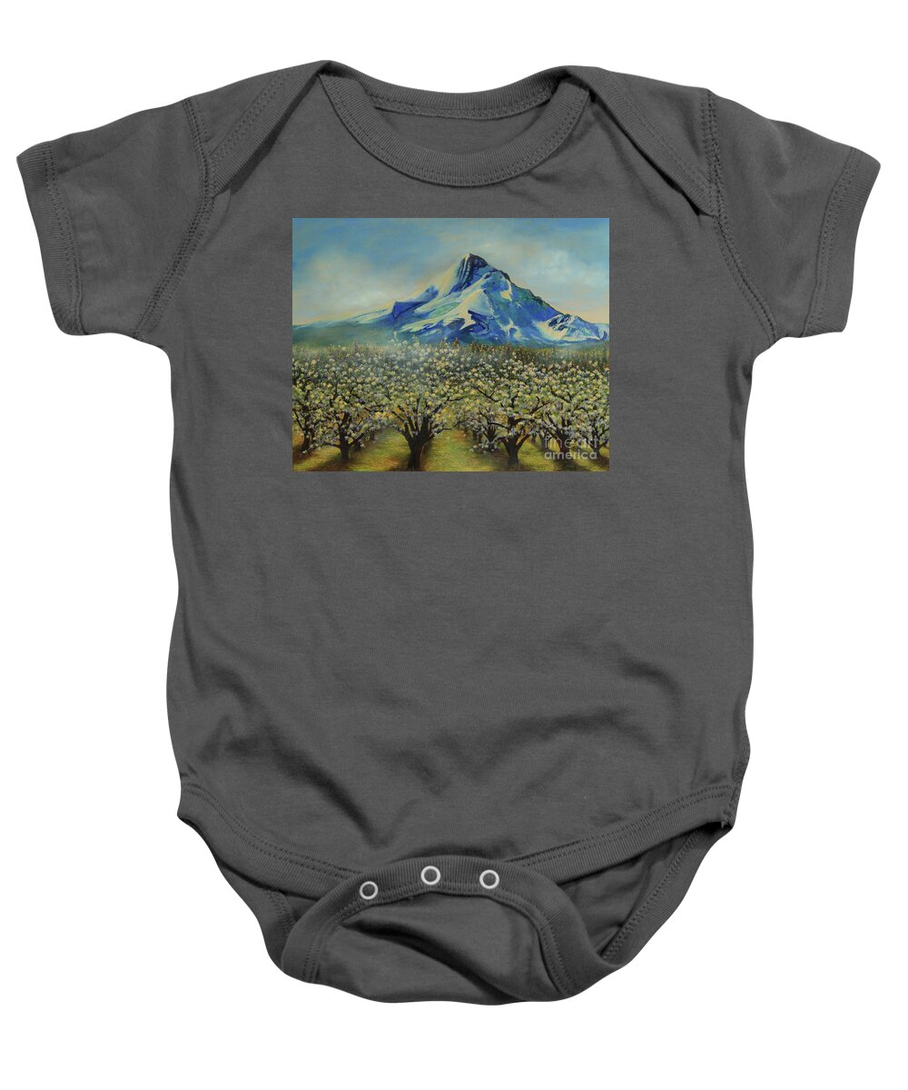 Landscape Baby Onesie featuring the painting Spring Orchards and Mt. Hood by Jeanette French