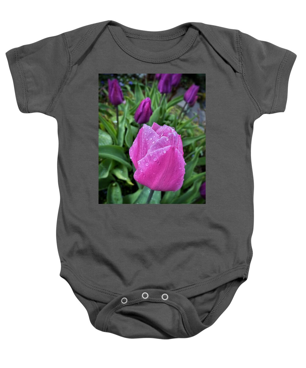Pink Baby Onesie featuring the photograph Spring Raindrops on Pink Tulips by Jerry Abbott