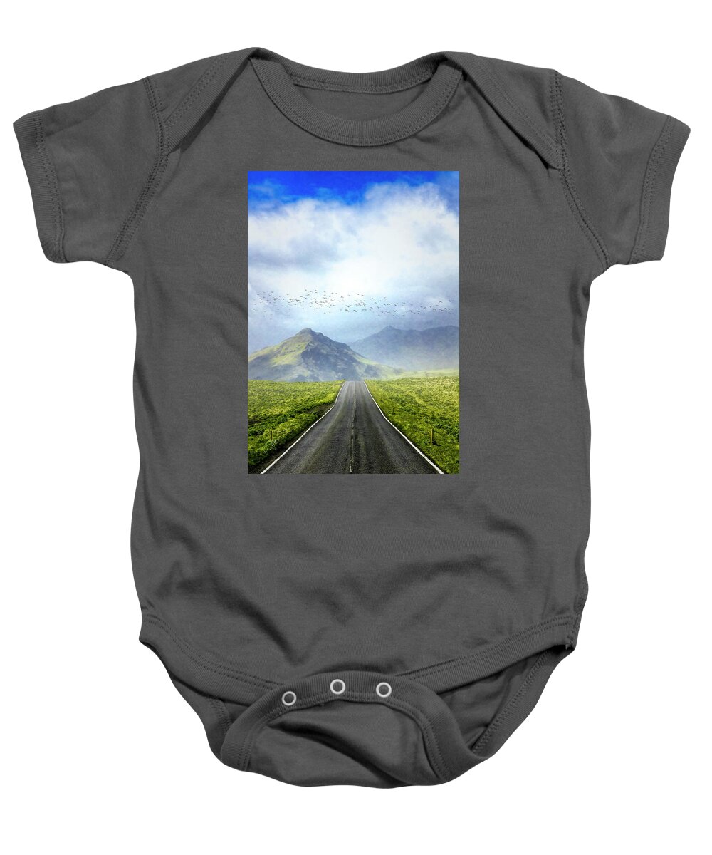 Clouds Baby Onesie featuring the photograph Spring Roadways in Iceland by Debra and Dave Vanderlaan