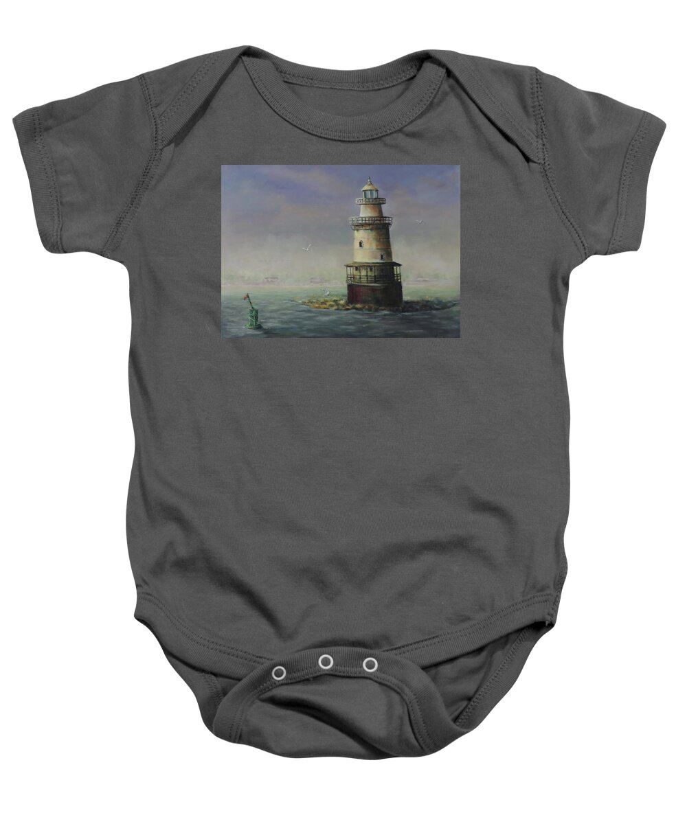 Prints Of Lighthouse Baby Onesie featuring the painting Stamford Harbor Ledge Lighthouse by Katalin Luczay