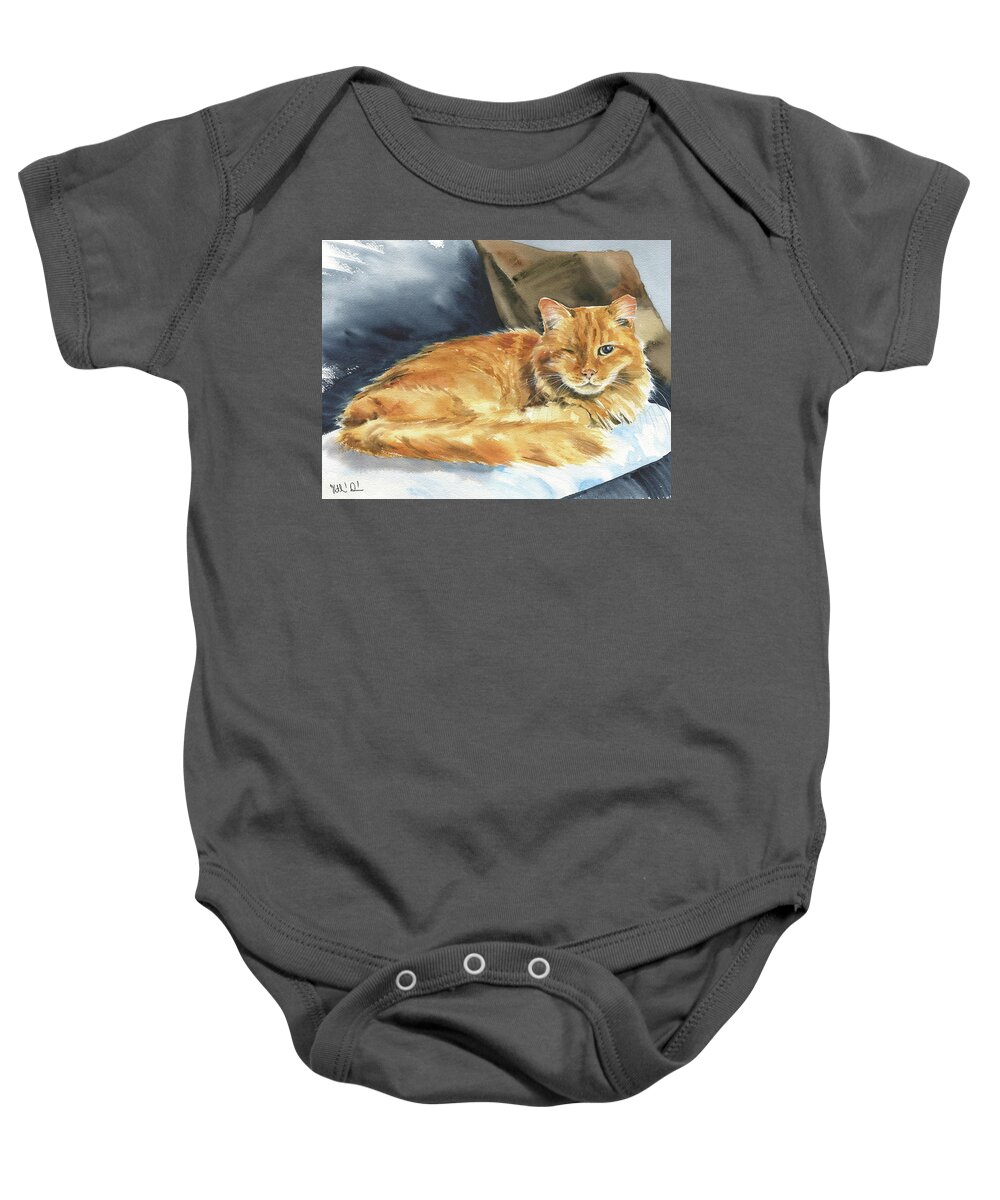 Cats Baby Onesie featuring the painting Stanley Fluffy Ginger Cat Painting by Dora Hathazi Mendes