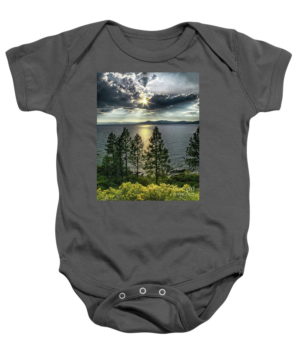 Lake Baby Onesie featuring the photograph STAR SUNSET, LAKE TAHOE, Nevada by Don Schimmel