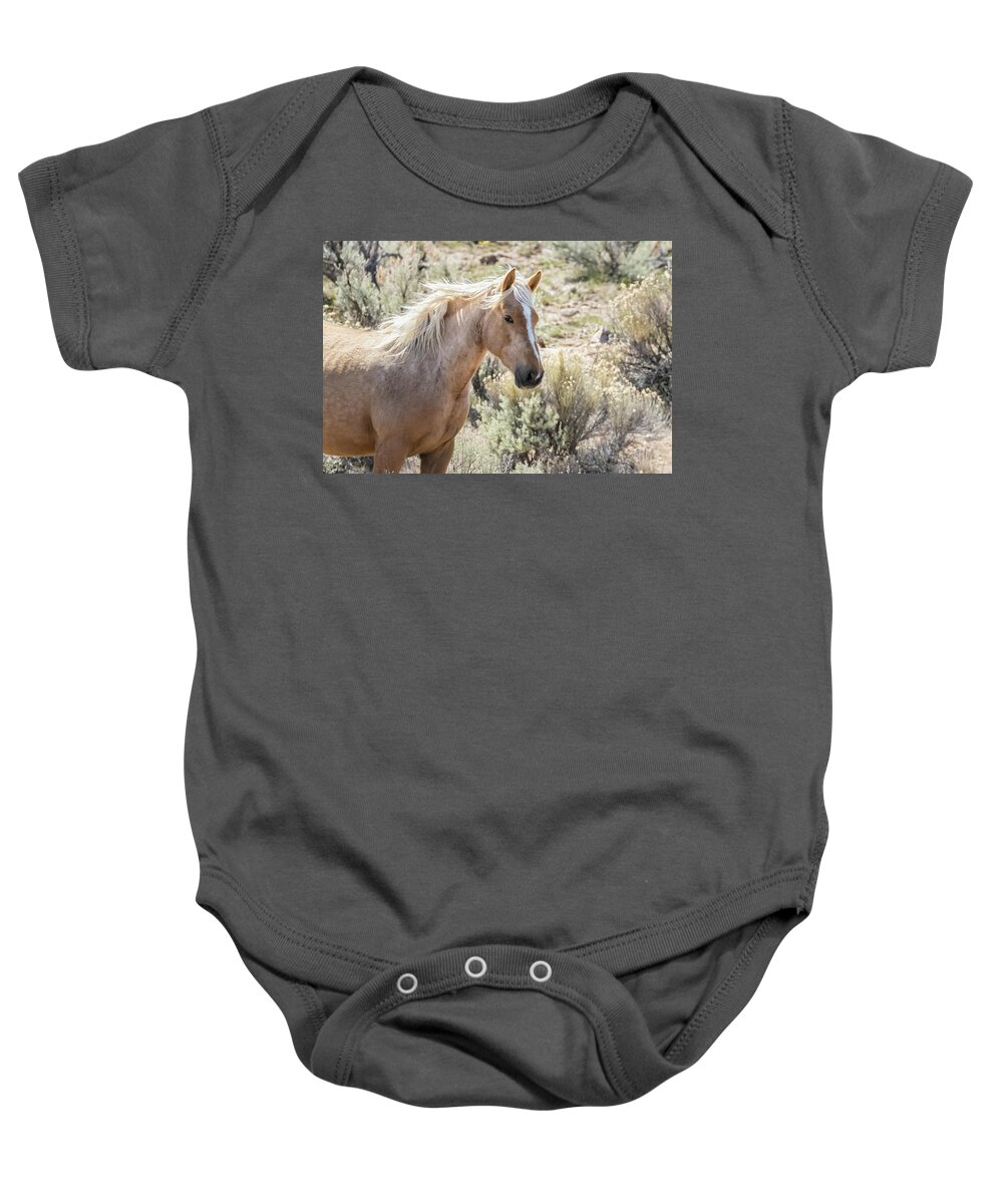 Palomino Baby Onesie featuring the photograph Stay Golden and Free, close-up by Belinda Greb
