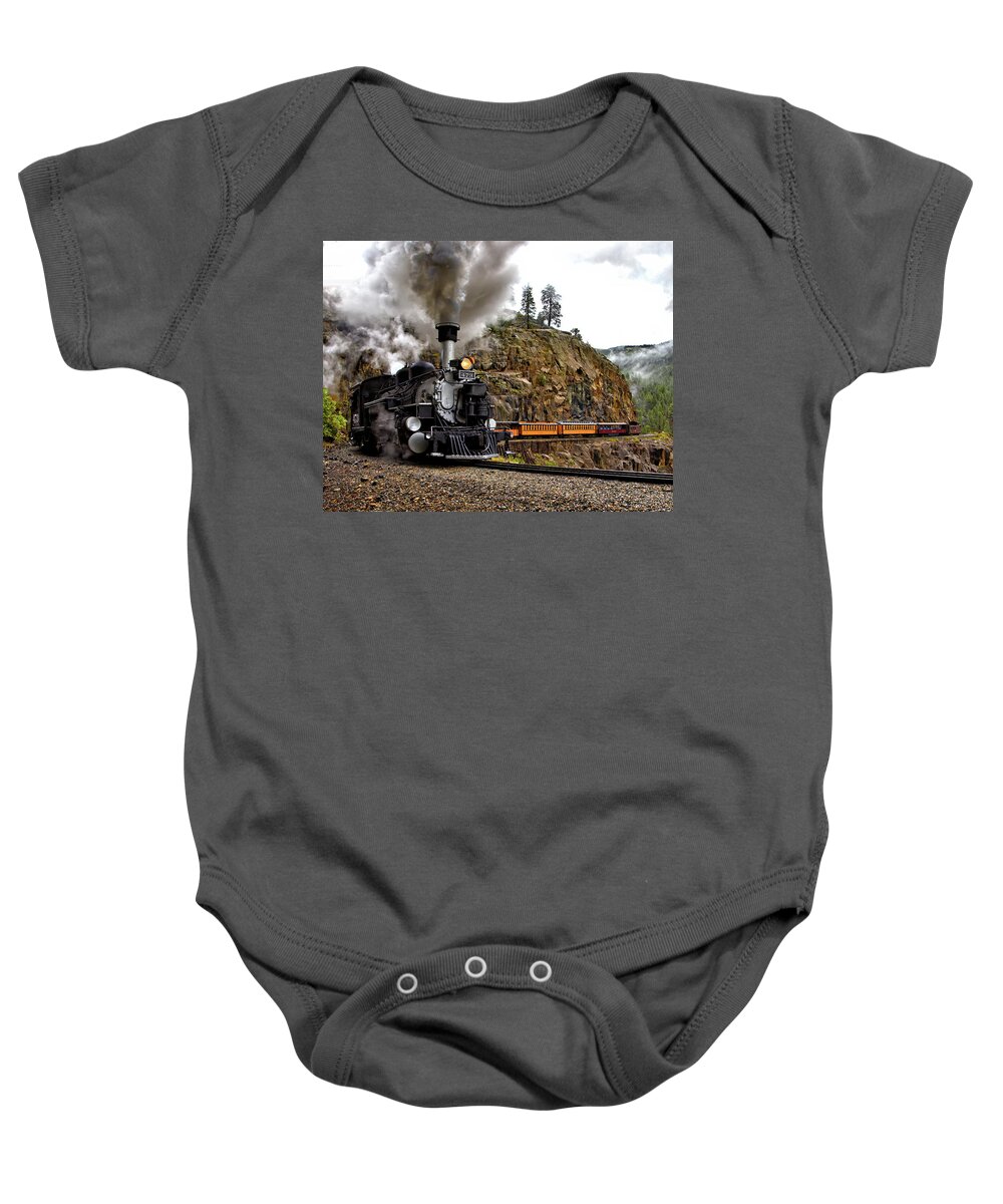 Steam Engine Baby Onesie featuring the photograph Steam Engine Around a Bend by Bob Falcone