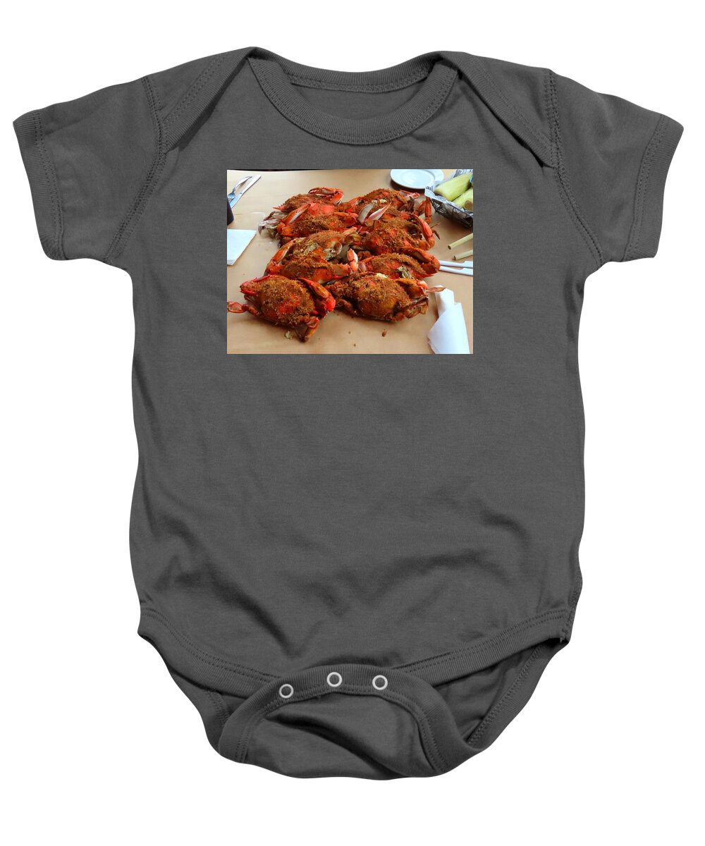 Blue Crabs. Nick's Fish House. Baltimore Baby Onesie featuring the photograph Steamed Maryland Blue Crabs by Keith Stokes