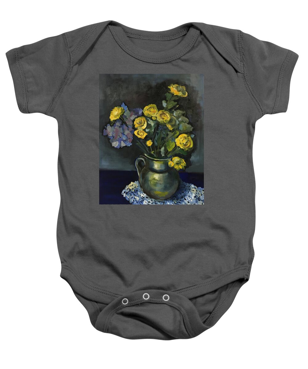  Baby Onesie featuring the painting Still life with yellow flowers 2 by Maxim Komissarchik