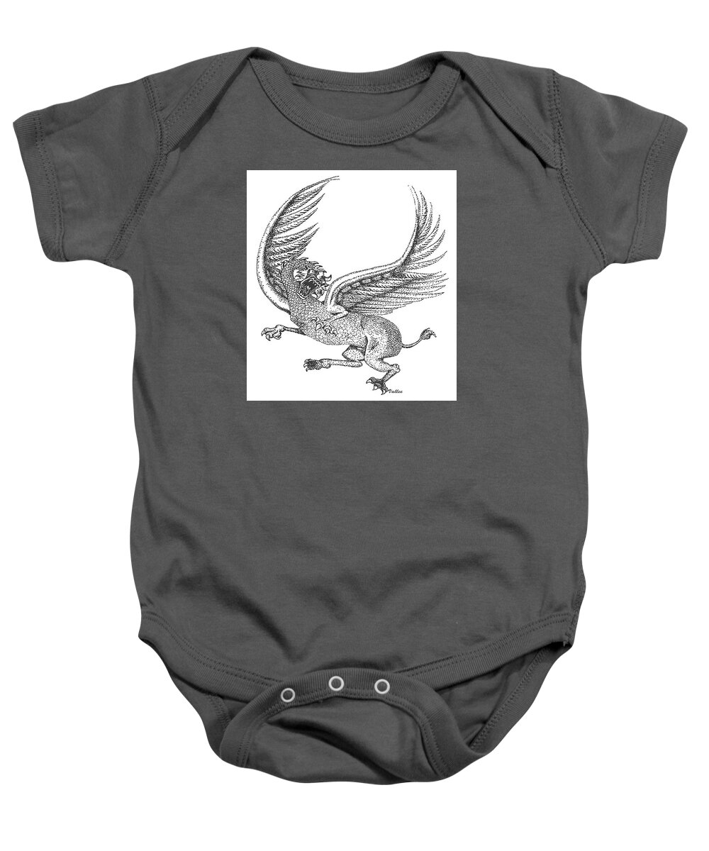 Dragon Baby Onesie featuring the drawing Stipple Dragon by Vallee Johnson