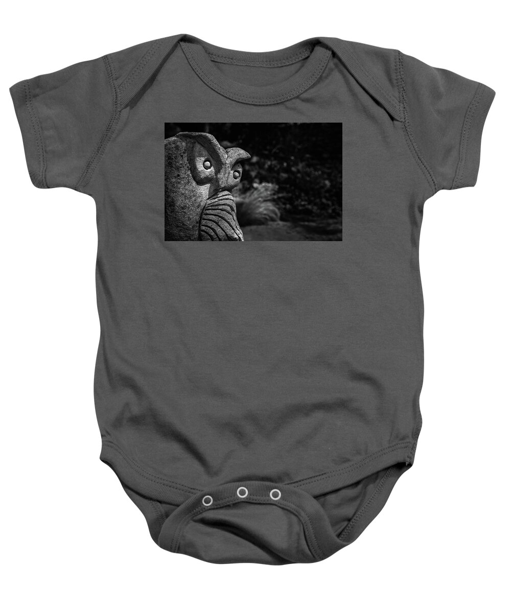 B&w Baby Onesie featuring the photograph Stone Owl In The Gardens by Mike Schaffner