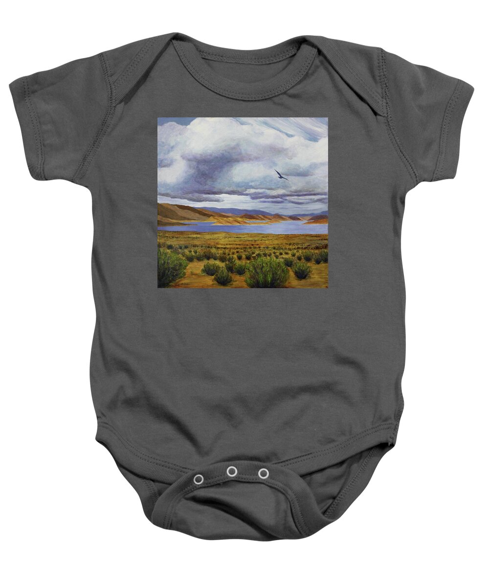 Kim Mcclinton Baby Onesie featuring the painting Storm at Lake Powell- left panel of three by Kim McClinton