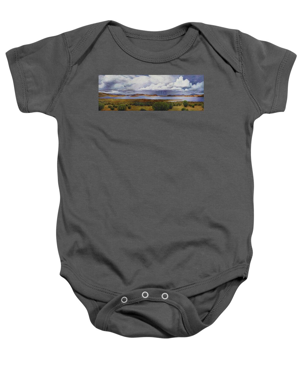 Kim Mcclinton Baby Onesie featuring the painting Storm at Lake Powell- panorama by Kim McClinton