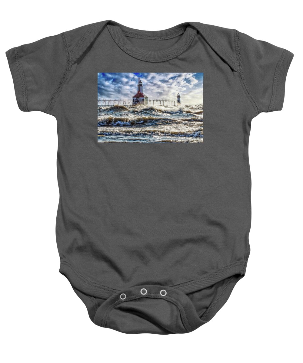 Lighthouse Baby Onesie featuring the photograph Storm At St Joseph Lighthouse by Jennifer White
