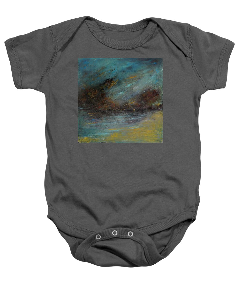 Storm Baby Onesie featuring the painting Storm over Glenelg Pier by Roger Clarke