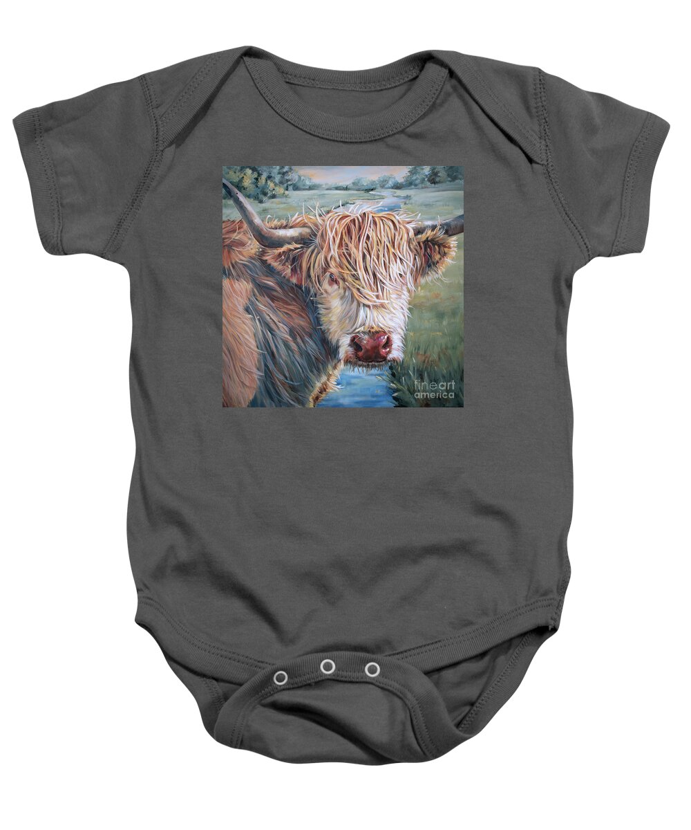 Cow Baby Onesie featuring the painting Stray Hair - Highland Cow Painting by Annie Troe