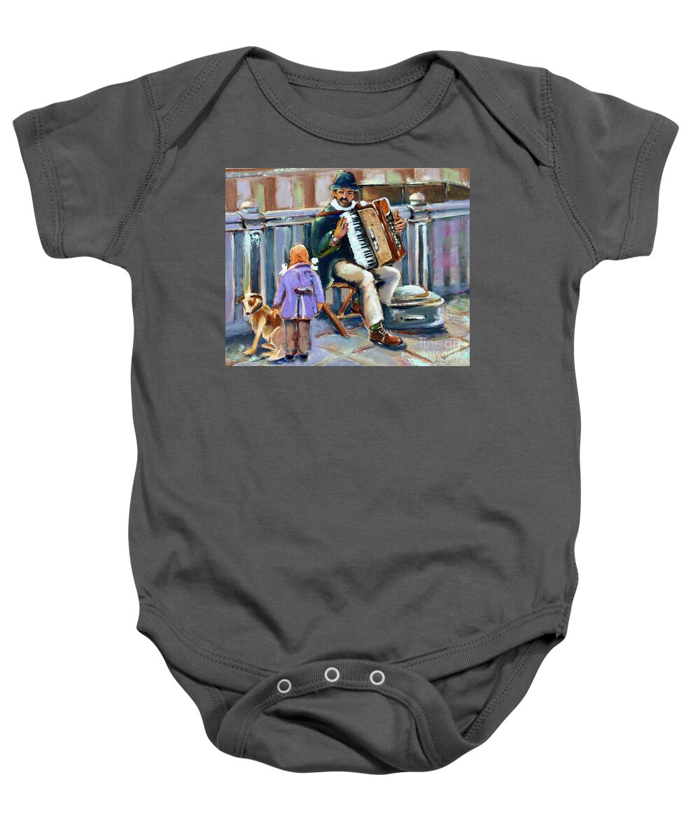 Accordionist Baby Onesie featuring the painting Street musician by Lana Sylber