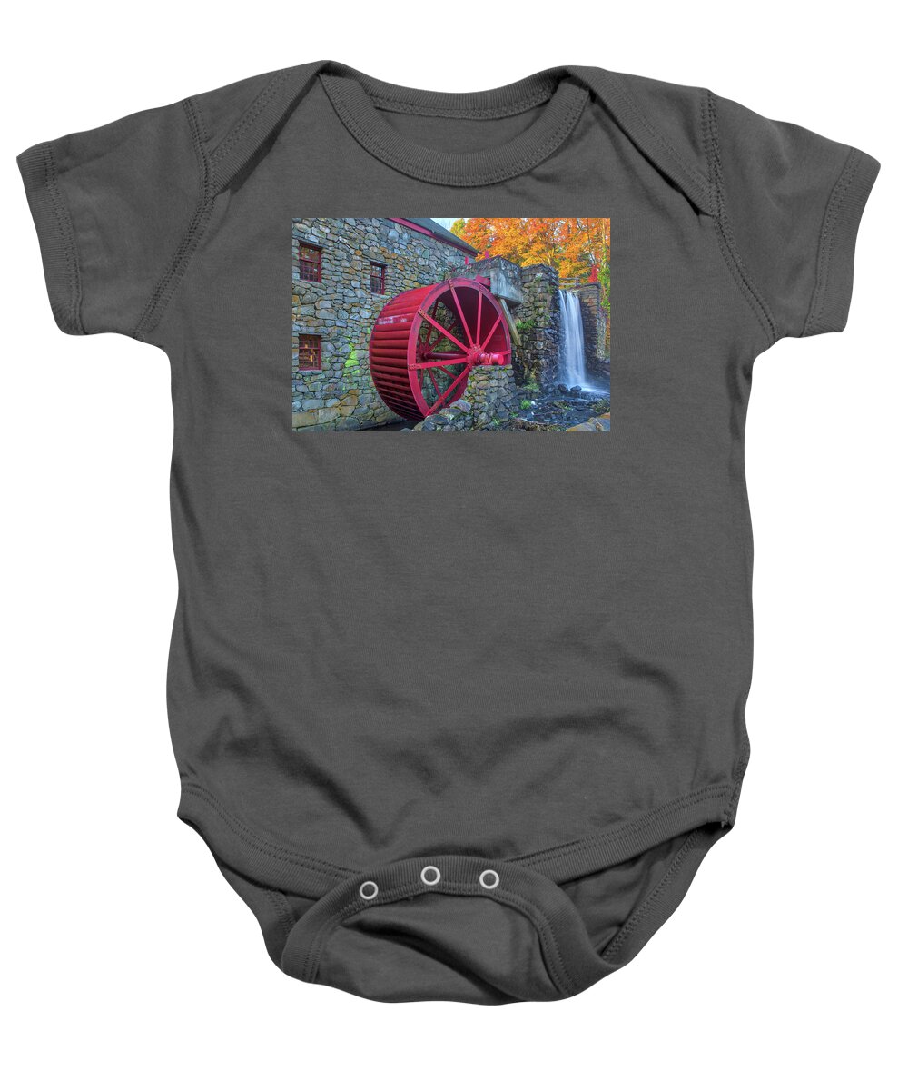 Red Waterwheel Baby Onesie featuring the photograph Sudbury Grist Mill Red Waterwheel by Juergen Roth