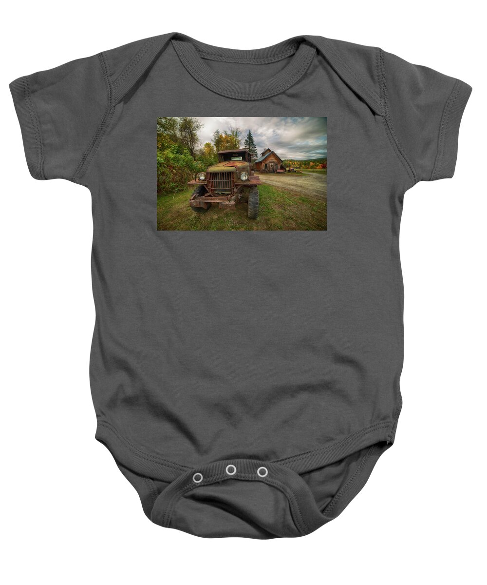 Sugar Shack Baby Onesie featuring the photograph Sugar Shack and Antique Ford in Autumn by Joann Vitali