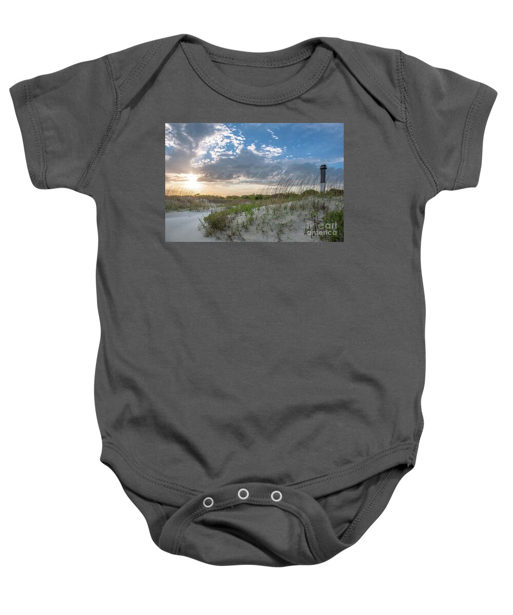 Sullivan's Island Lighthouse Baby Onesie featuring the photograph Sullivan's Island Lighthouse - Coastal Dunes by Dale Powell