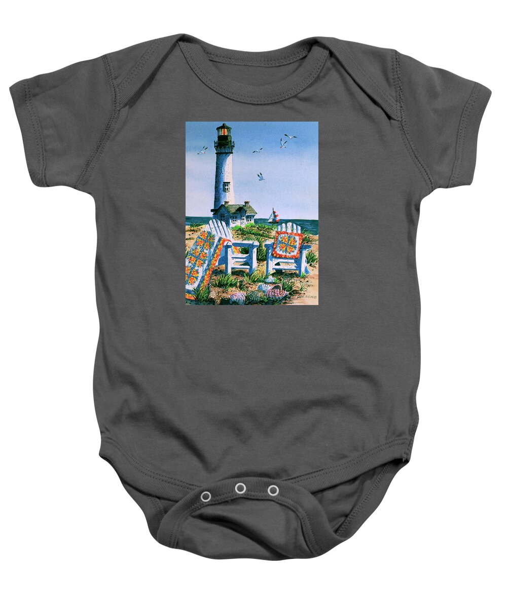 Lighthouse Baby Onesie featuring the painting Summer at the Shore by Diane Phalen