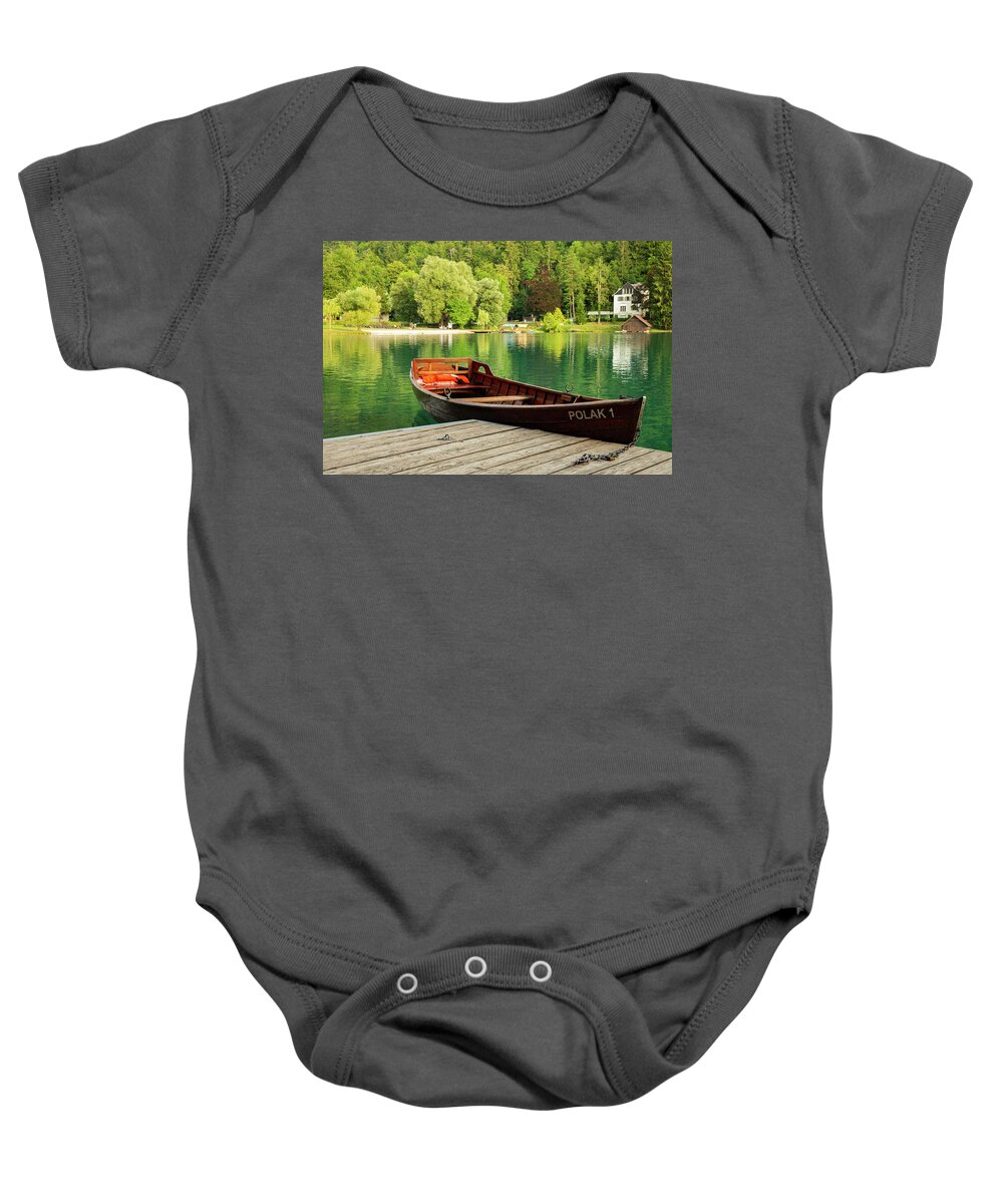 Bled Baby Onesie featuring the photograph Summer morning at Lake Bled by Ian Middleton