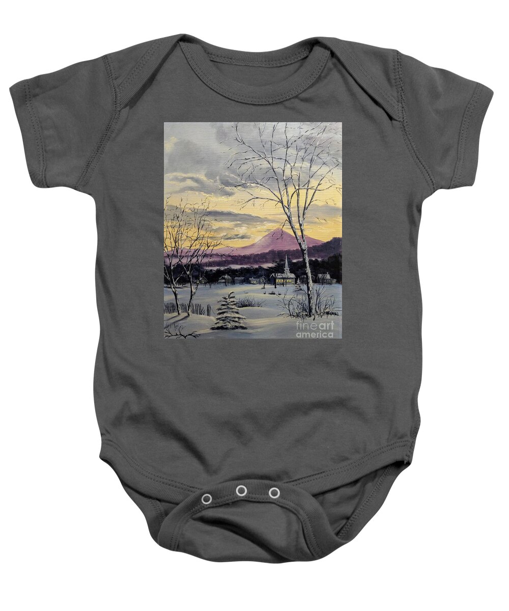 Maine Baby Onesie featuring the painting Sunday in Winter by Lee Piper