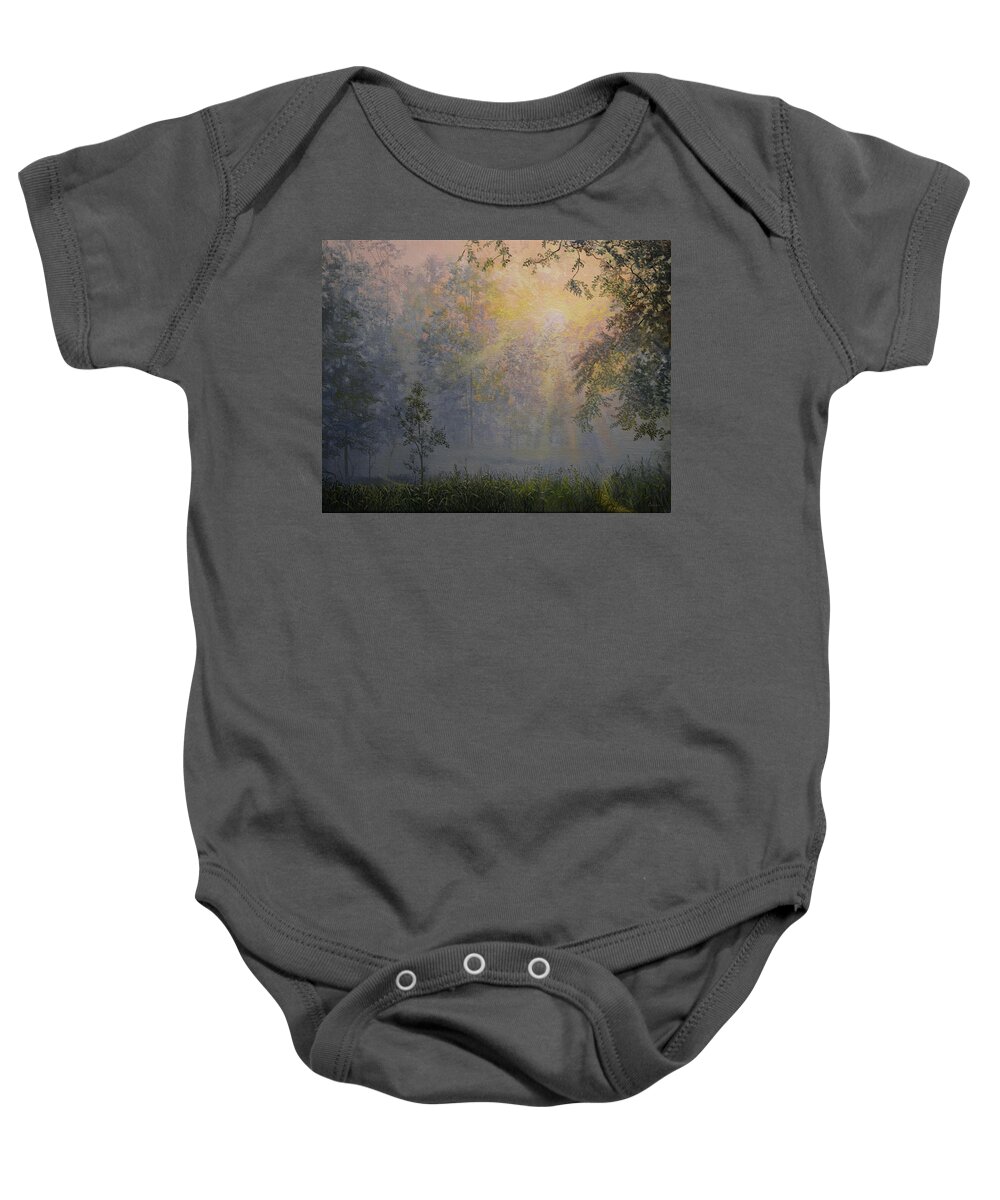 Sunrise Baby Onesie featuring the painting Sunrise at Schoonover by Charles Owens