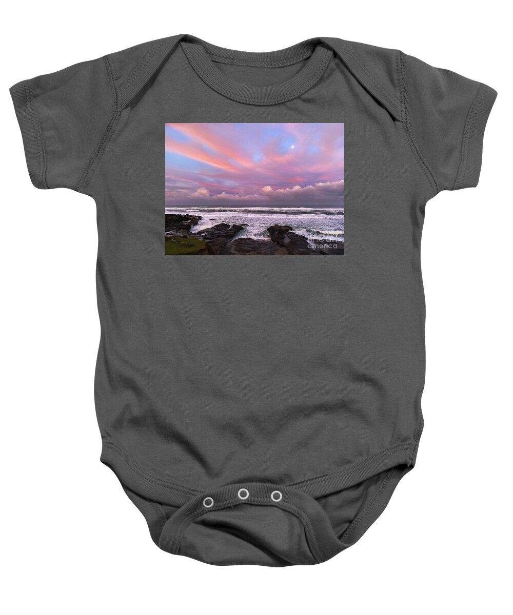 Oregon Coast Baby Onesie featuring the photograph Sunrise, Moonset by Jeanette French