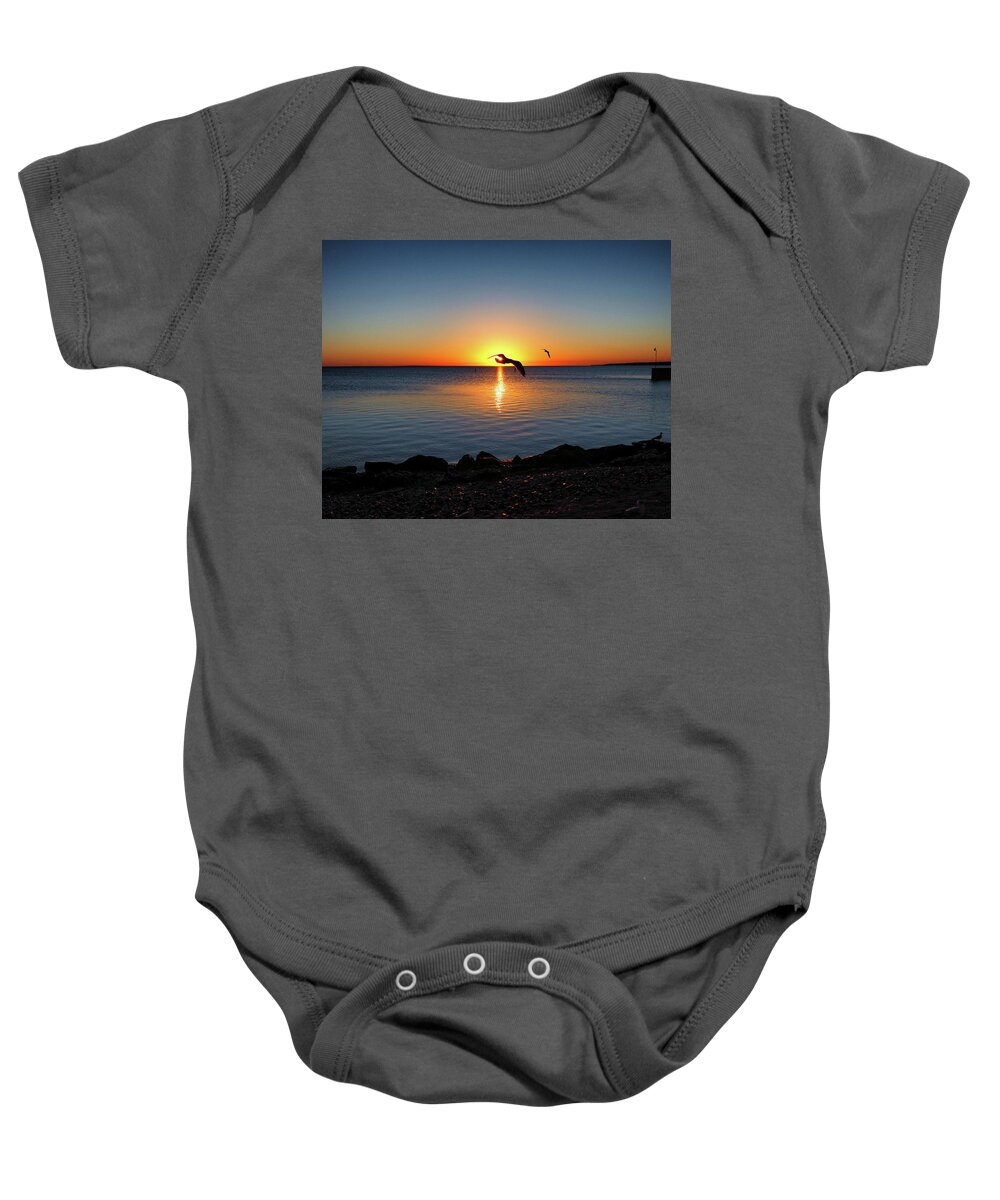 Sunrise Baby Onesie featuring the photograph Sunrise Seagull Silhouette by Bill Swartwout