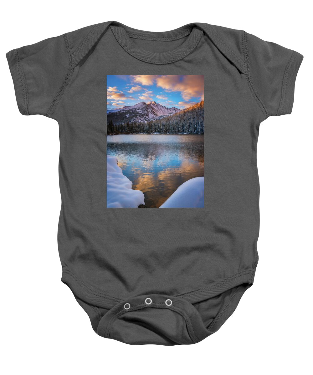 Sunrise Baby Onesie featuring the photograph Sunrise Snow at Bear Lake by Darren White