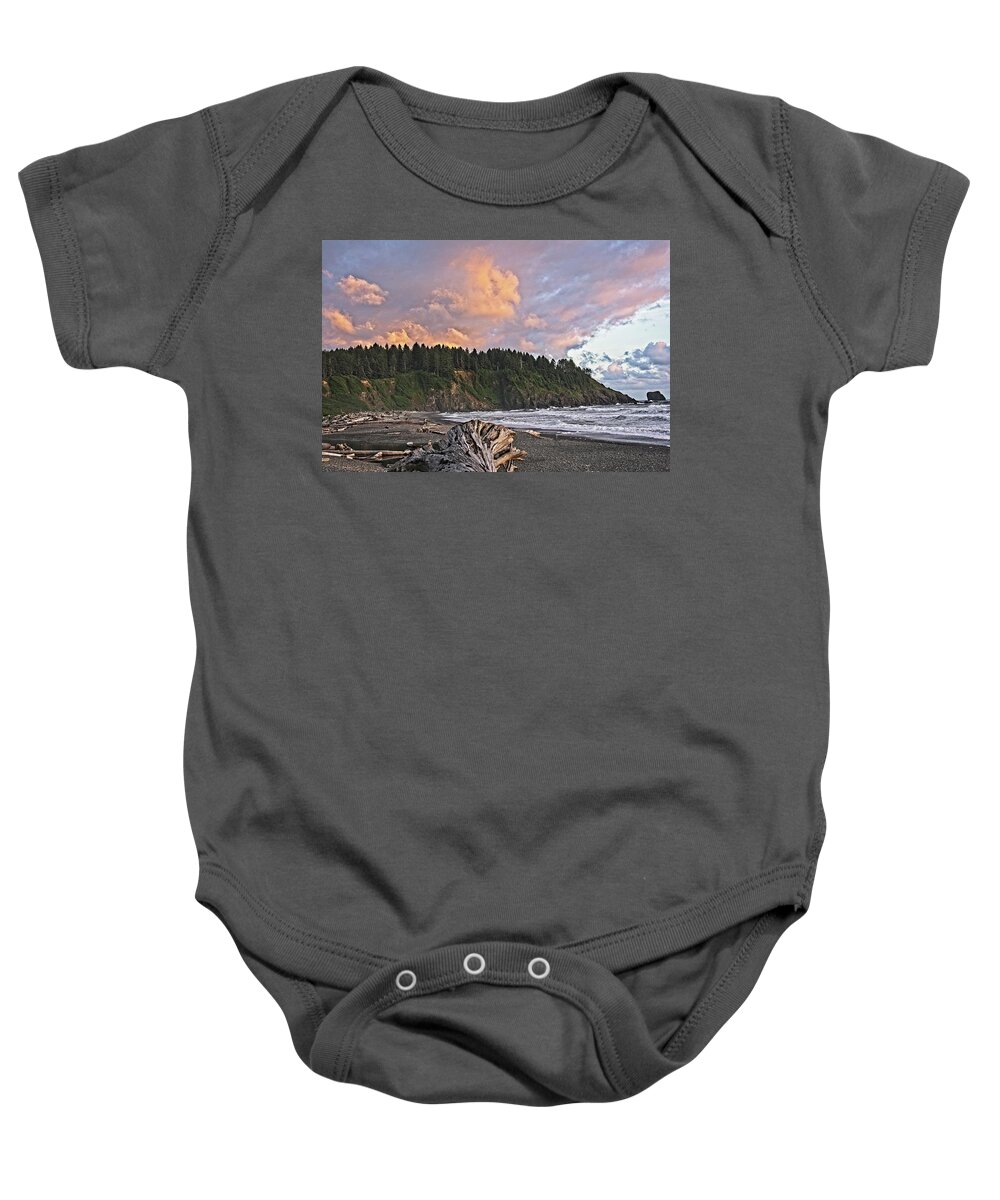 Rough Baby Onesie featuring the photograph Sunset and driftwood by David Desautel