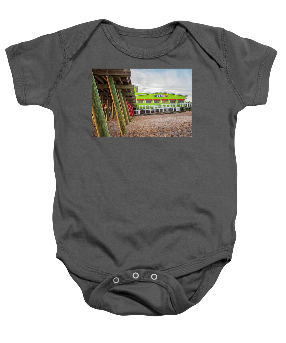 Surf's Up Baby Onesie featuring the photograph Surf's Up at Bogue Inlet Pier - Emerald Isle NC by Bob Decker