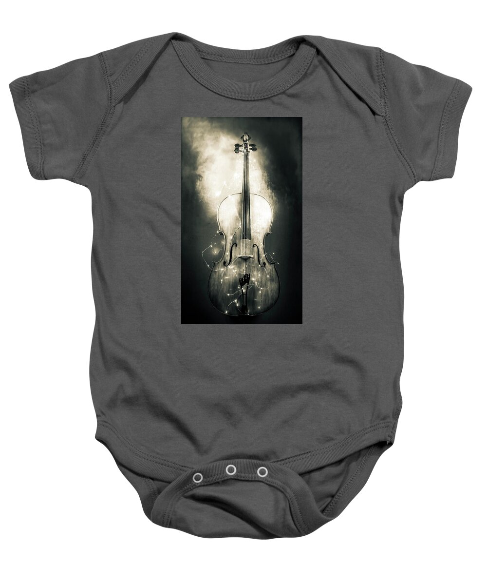 Cello Baby Onesie featuring the photograph Surreal Cello in Black and White by Michele Cornelius
